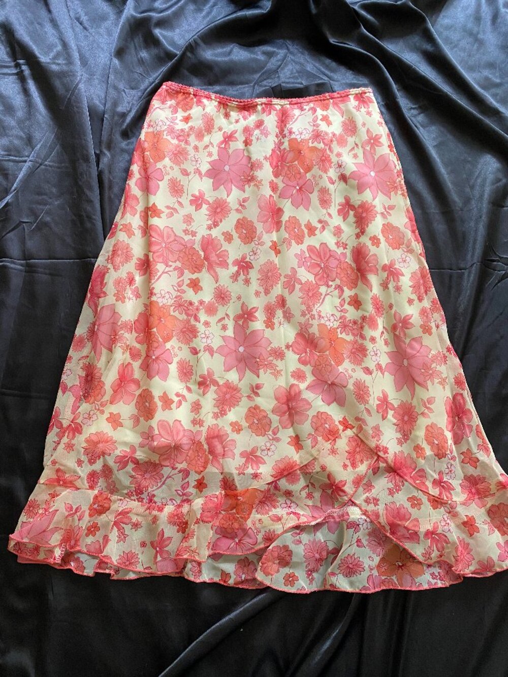 Vintage y2k Butter Yellow Pink Floral Ruffle Skirt Preppy Boho Fairy Small